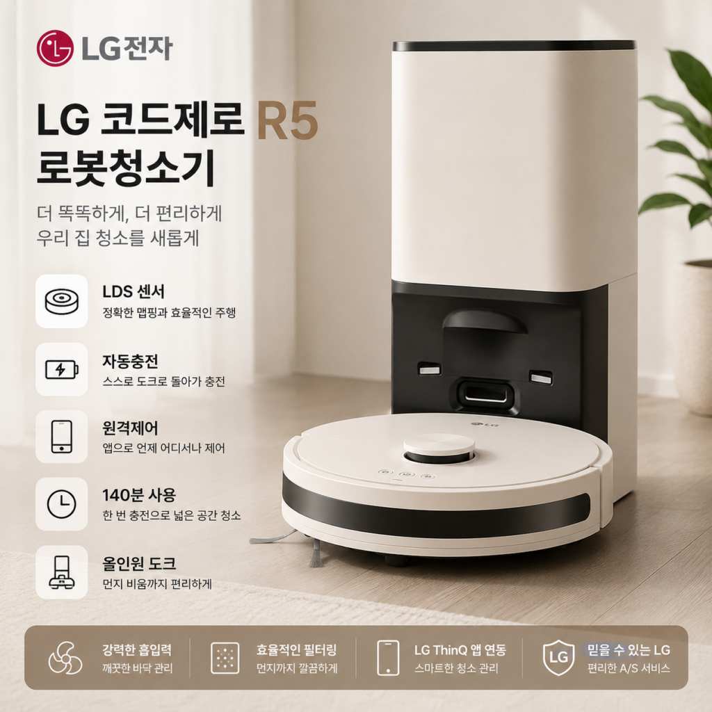 LG 코드제로 R5 로봇청소기 R585WKA 추천 LDS 센서 자동충전 140분 사용 제품 이미지