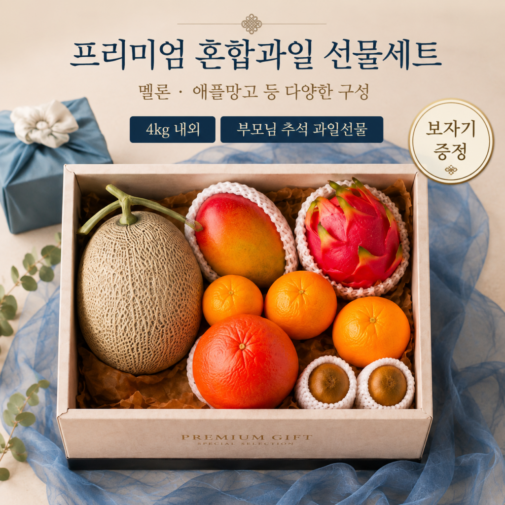 프리미엄 멜론 애플망고 등 혼합과일 부모님 추석 과일선물세트 4kg 내외 보자기 증정 제품 이미지